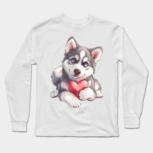 Valentine Siberian Husky Holding Heart Long Sleeve T-Shirt